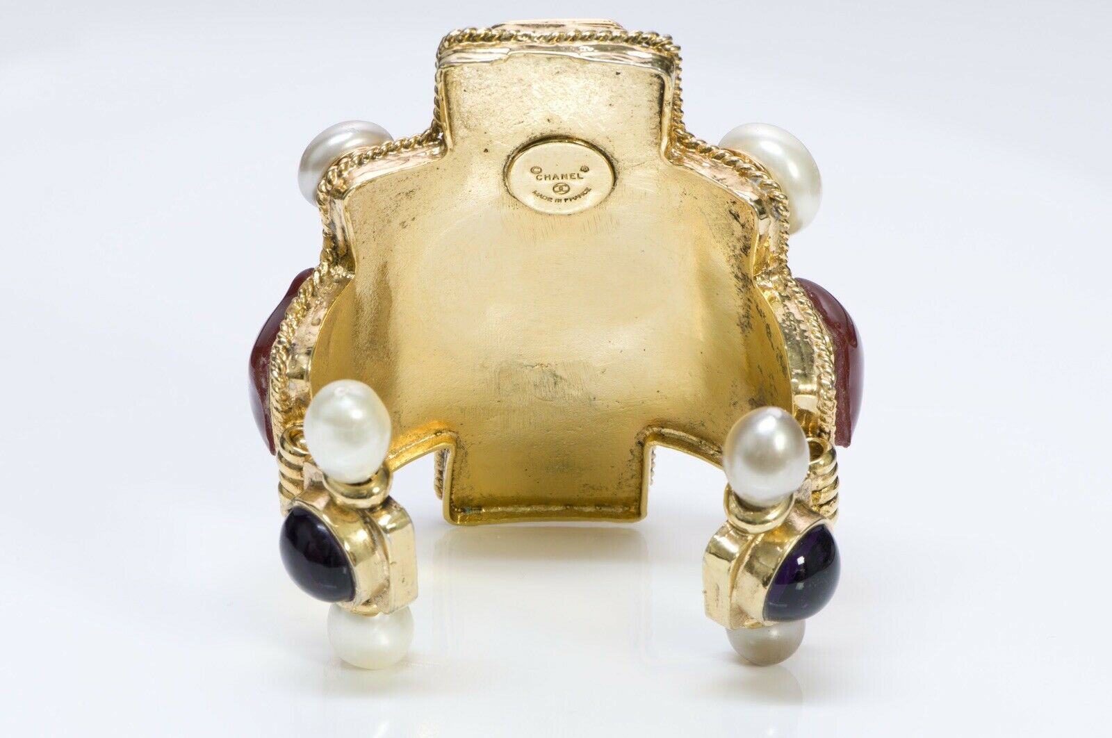 CHANEL 1990-91 Maison Gripoix Glass Byzantine Style Pearl Cross Cuff Bracelet