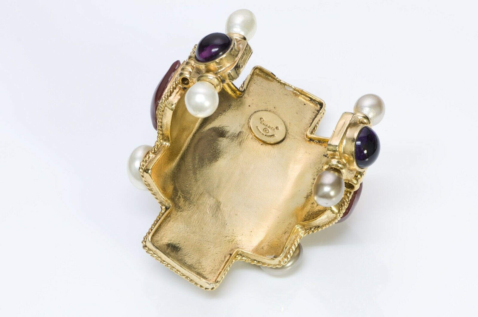 CHANEL 1990-91 Maison Gripoix Glass Byzantine Style Pearl Cross Cuff Bracelet - DSF Antique Jewelry