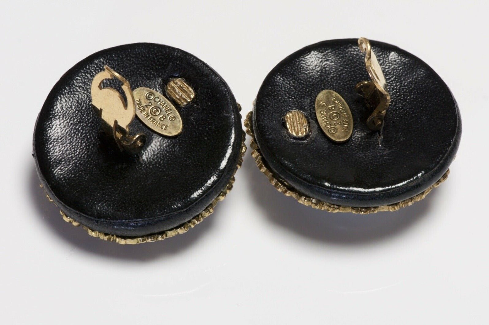 CHANEL 1990’s Black Leather Faux Pearl Camellia Flower Earrings