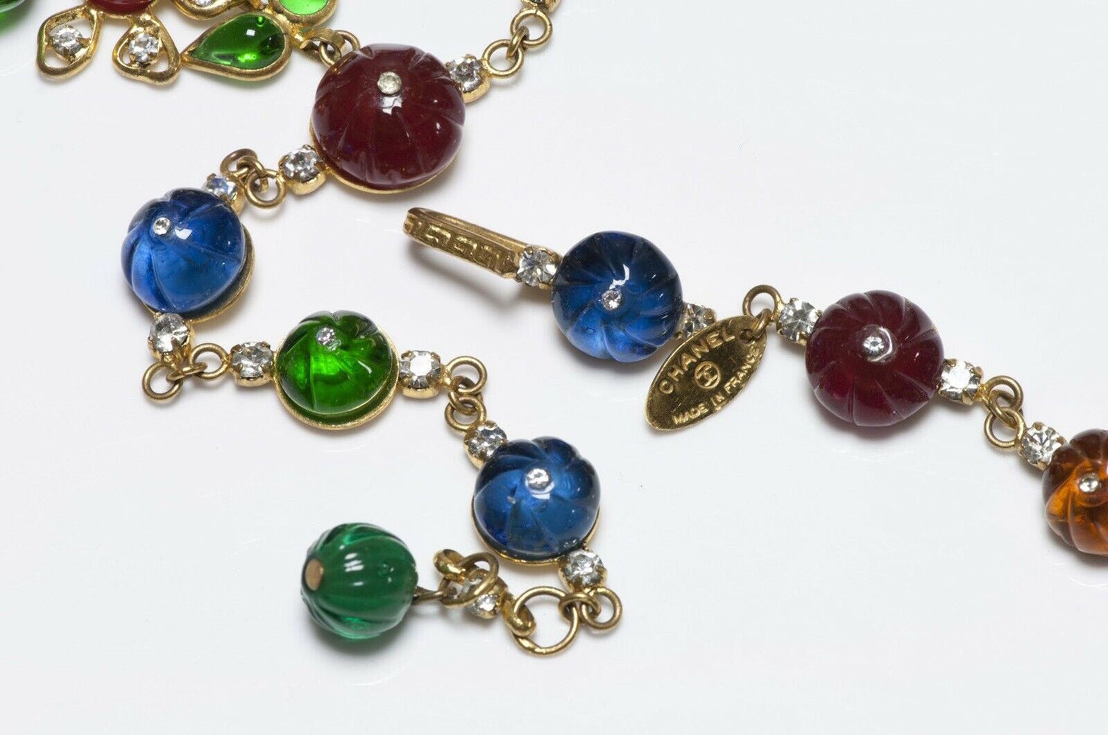 CHANEL 1990’s Couture Gripoix Camellia Green Red Blue Glass Necklace
