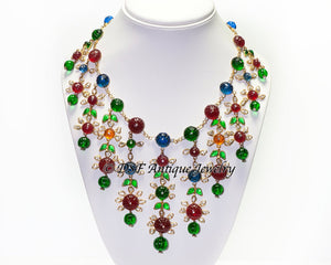 CHANEL 1990’s Couture Gripoix Camellia Green Red Blue Glass Necklace