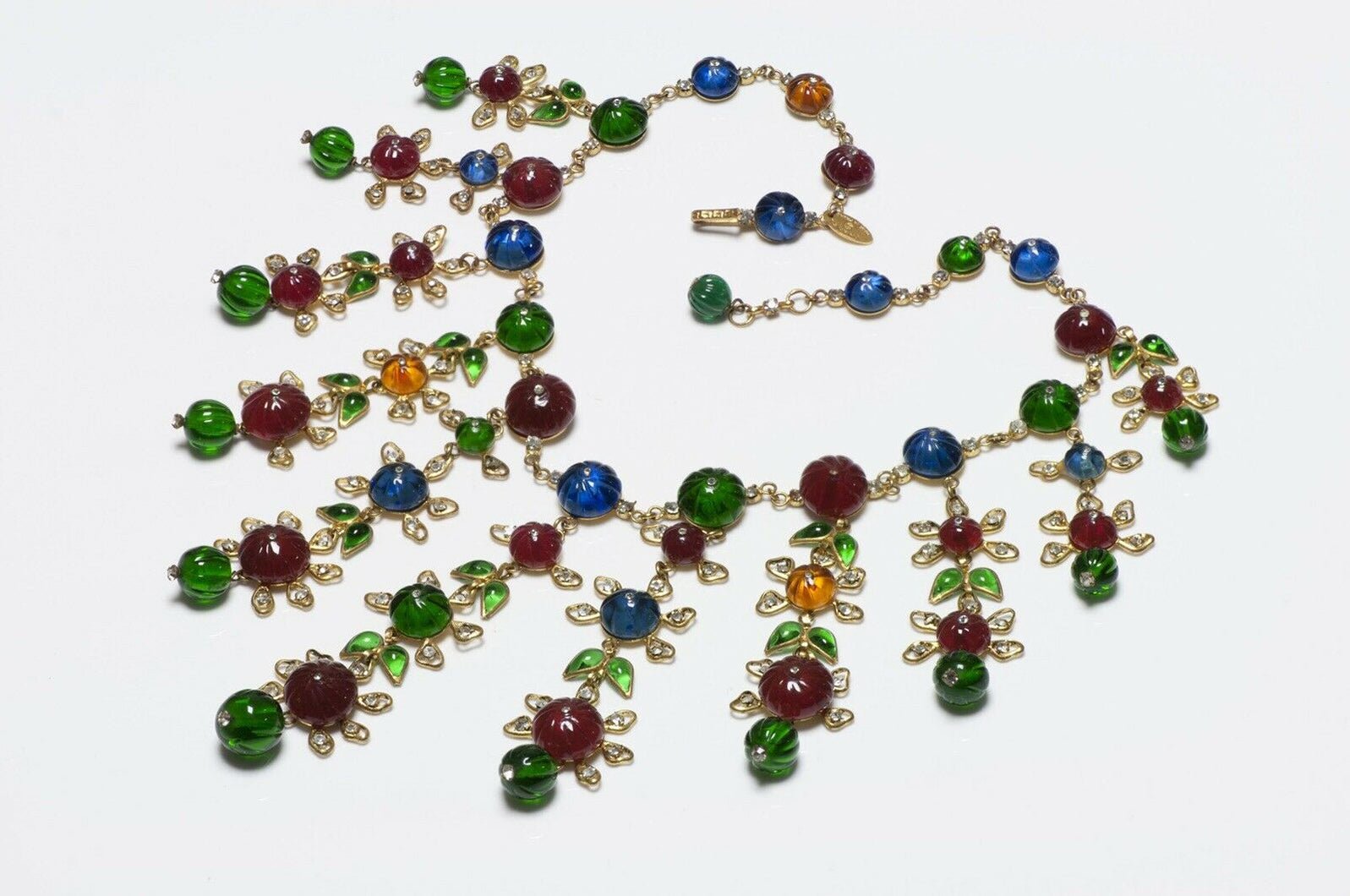 CHANEL 1990’s Couture Gripoix Camellia Green Red Blue Glass Necklace