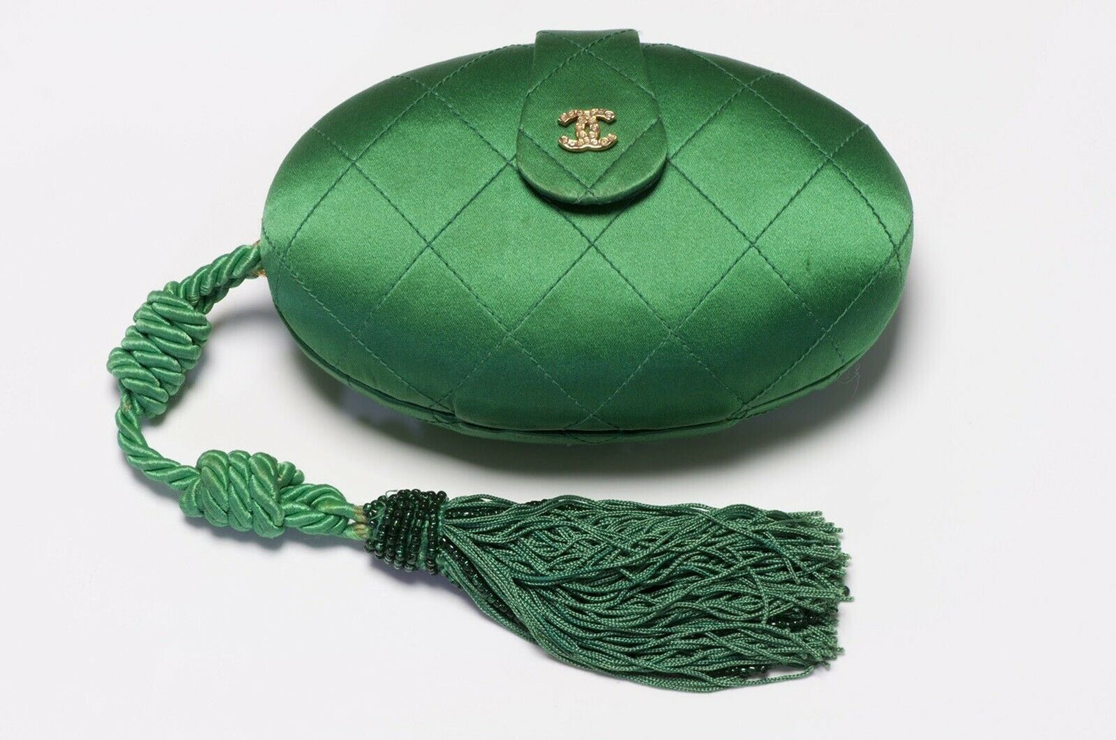 CHANEL 1990’s Green Quilted Satin Tassel Egg Clutch Bag - DSF Antique Jewelry