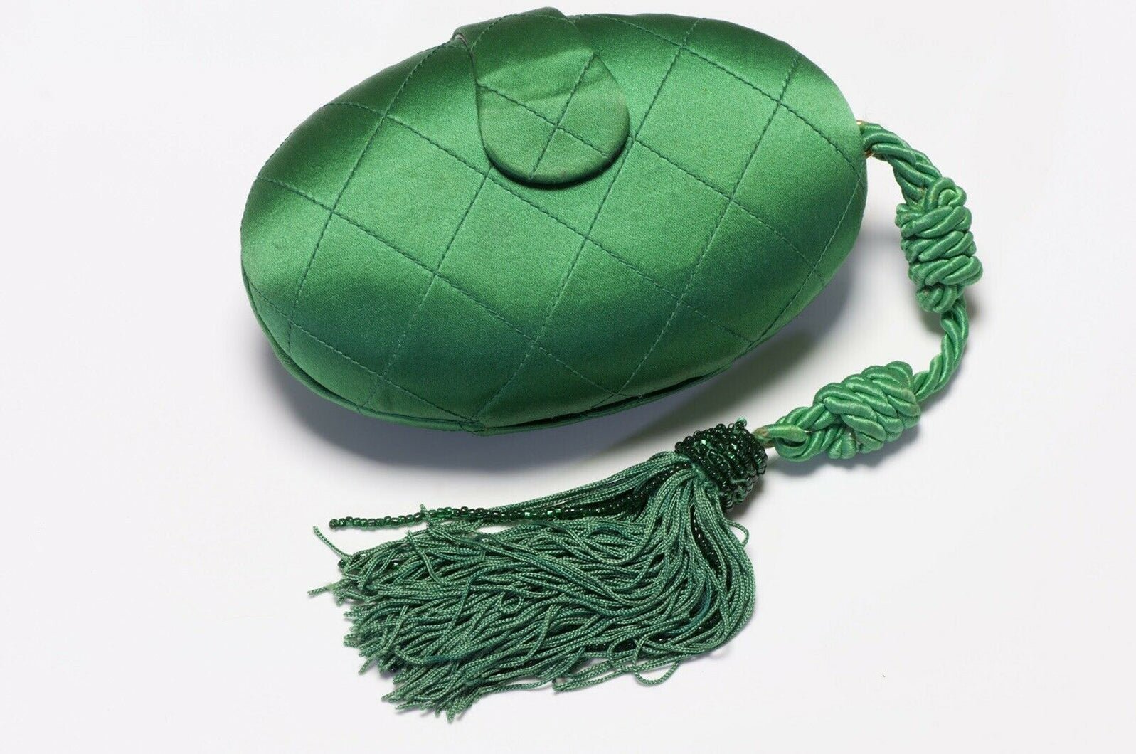CHANEL 1990’s Green Quilted Satin Tassel Egg Clutch Bag - DSF Antique Jewelry