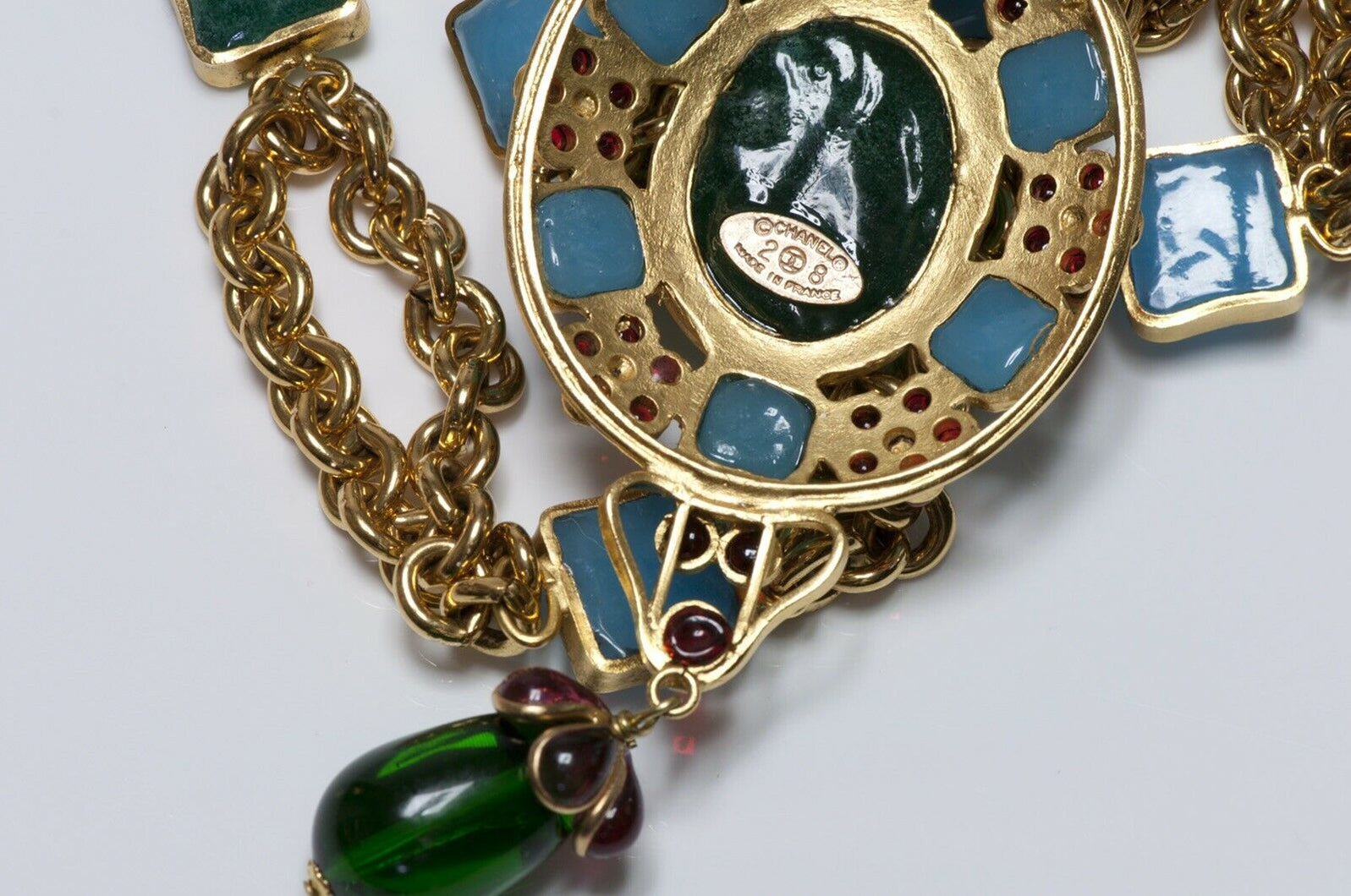 CHANEL 1990’s Gripoix Green Blue Poured Glass Chain Camellia Pendant Necklace