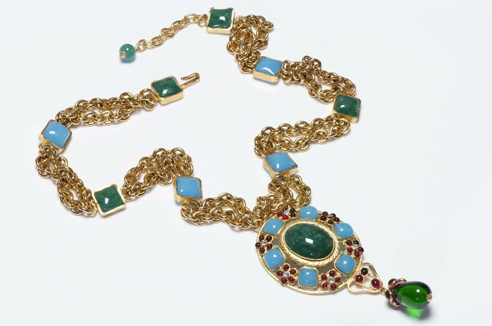 CHANEL 1990’s Gripoix Green Blue Poured Glass Chain Camellia Pendant Necklace