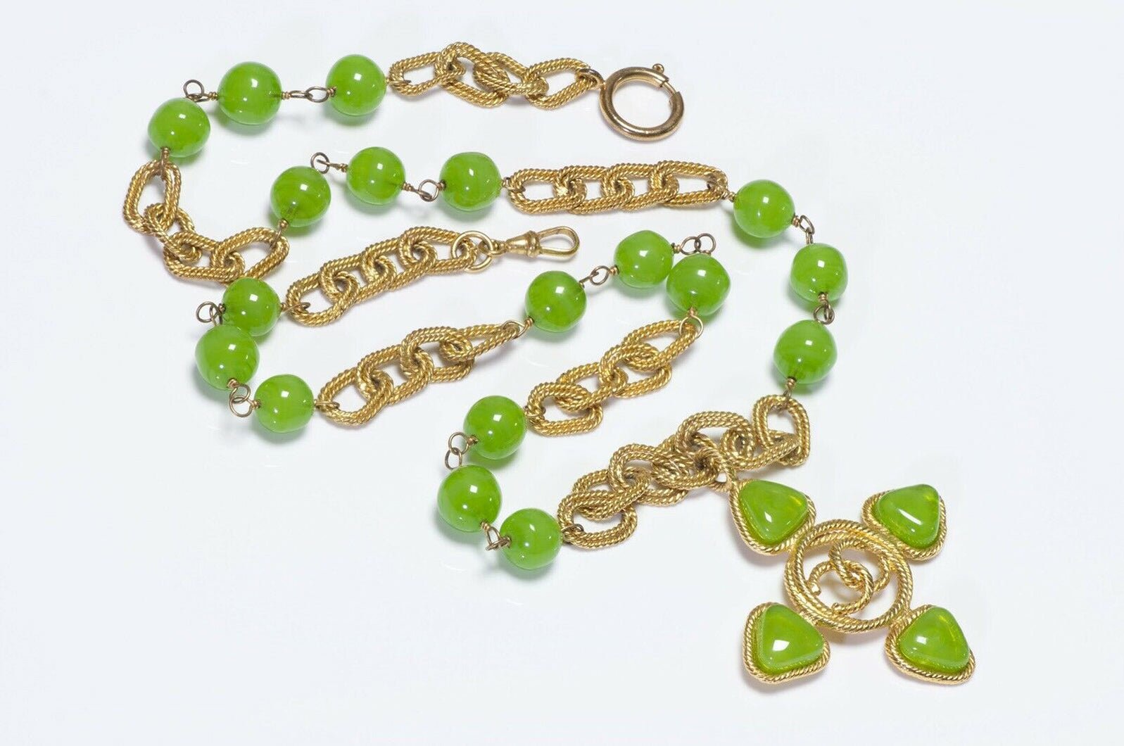 CHANEL 1990’s Gripoix Green Glass CC Cross Chain Necklace