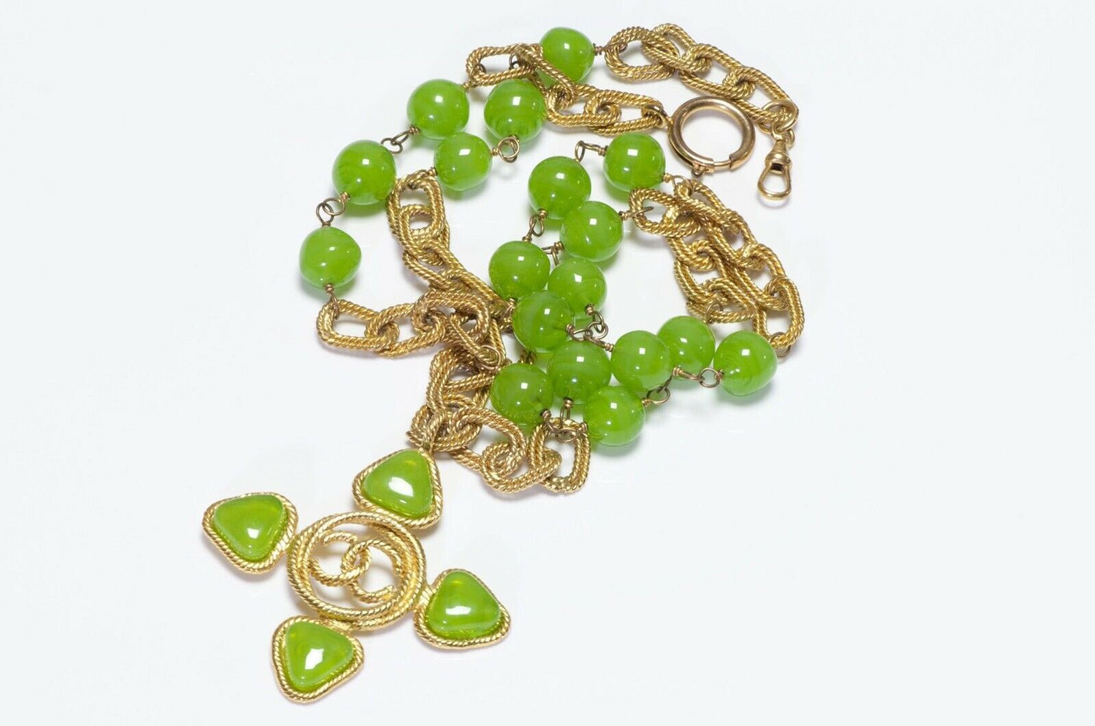 CHANEL 1990’s Gripoix Green Glass CC Cross Chain Necklace - DSF Antique Jewelry