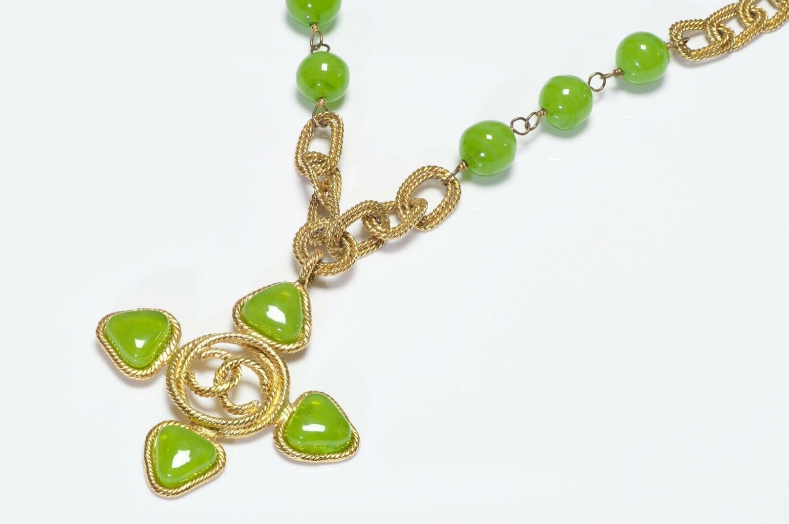 CHANEL 1990’s Gripoix Green Glass CC Cross Chain Necklace