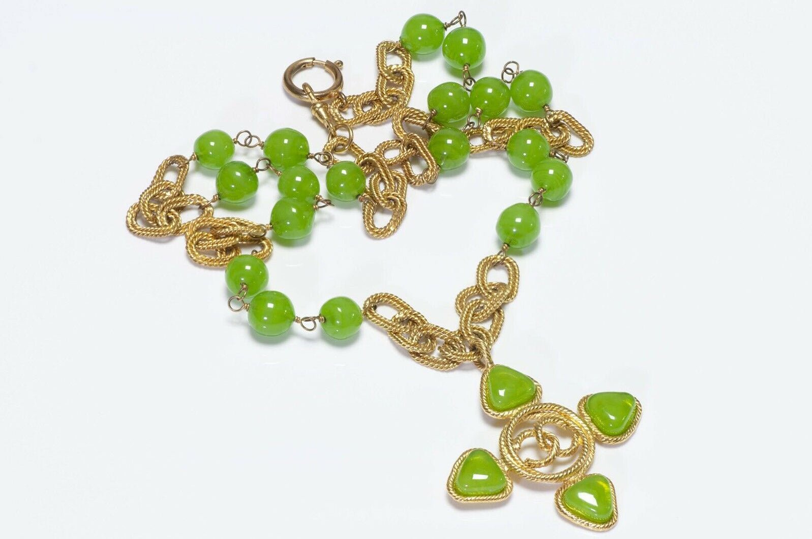 CHANEL 1990’s Gripoix Green Glass CC Cross Chain Necklace