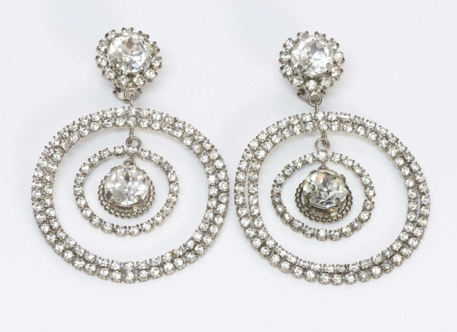 Chanel 1990’s Long Silver Tone Crystal Hoop Earrings