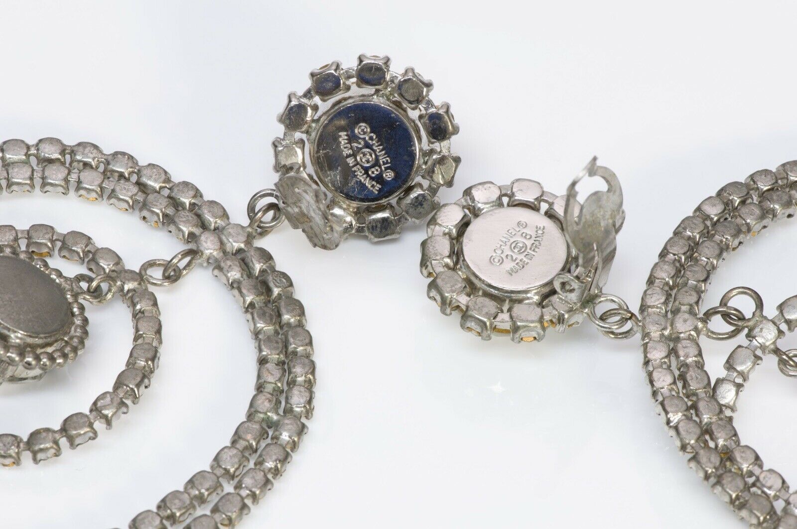 Chanel 1990’s Long Silver Tone Crystal Hoop Earrings - DSF Antique Jewelry