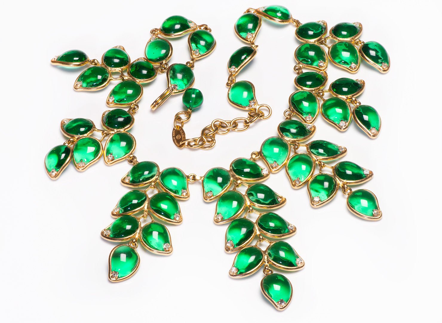 Chanel 1990’s Maison Gripoix Green Poured Glass Leaf Collar Necklace
