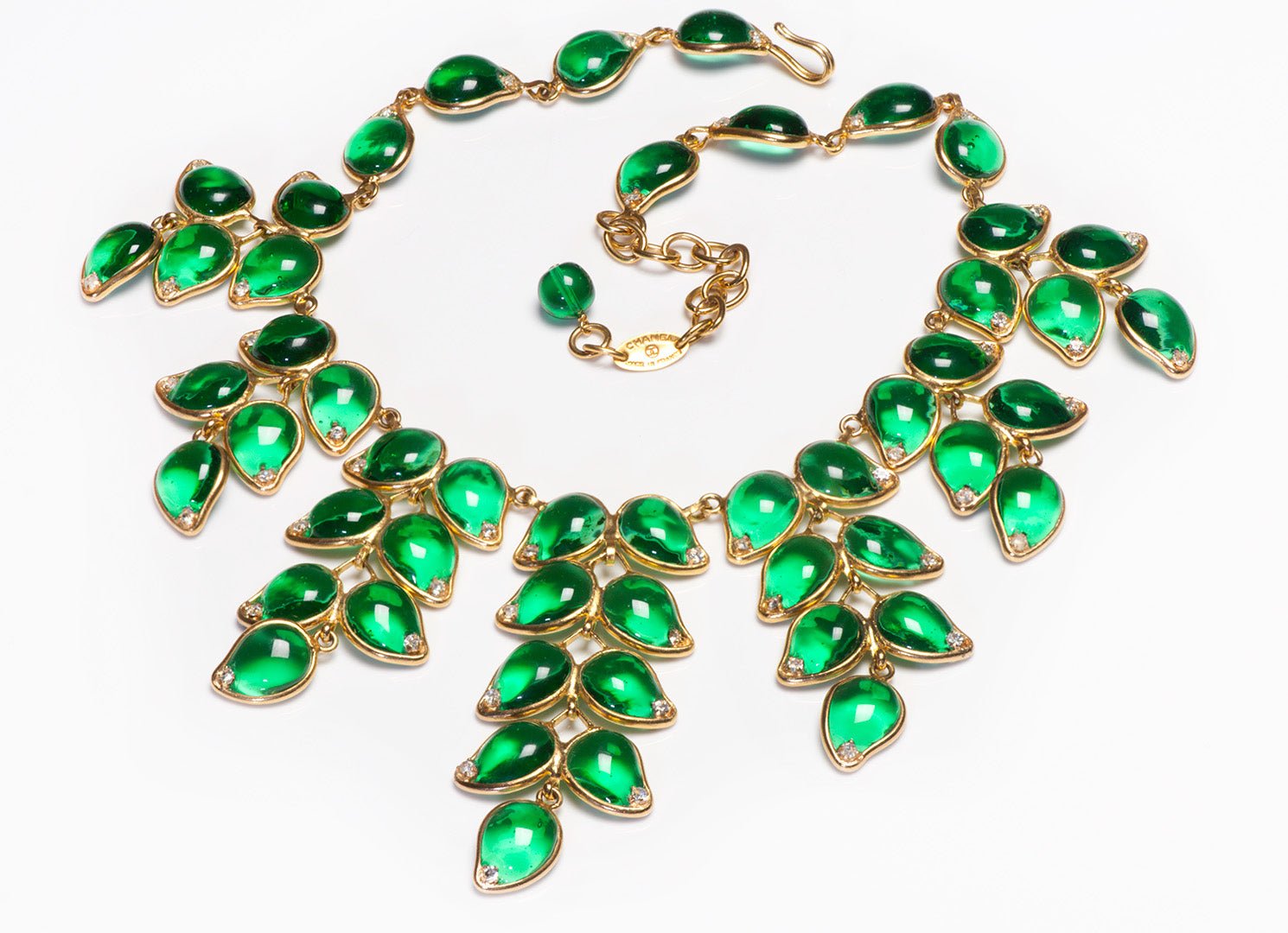 Chanel 1990’s Maison Gripoix Green Poured Glass Leaf Collar Necklace