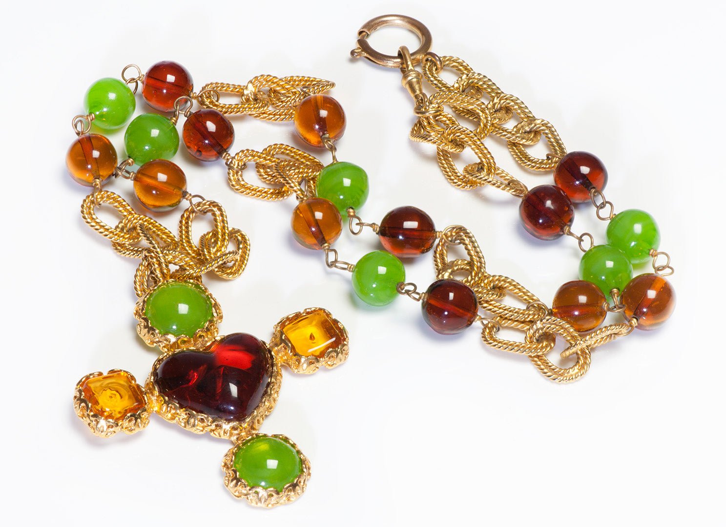 Chanel 1990’s Maison Gripoix Green Yellow CC Heart Cross Glass Beads Necklace