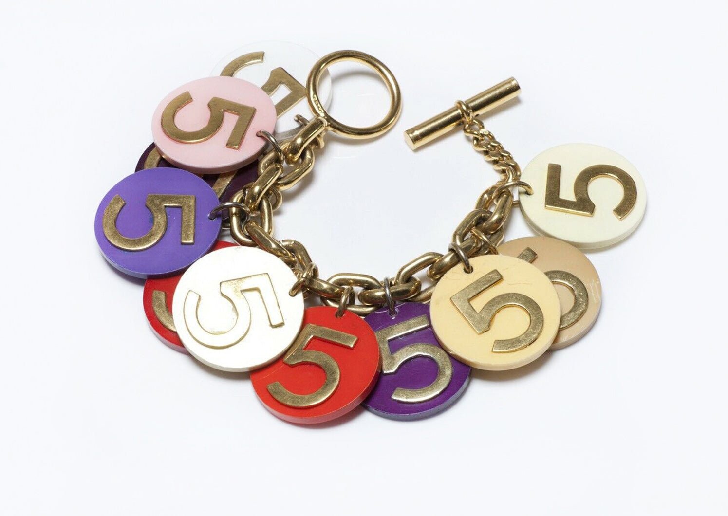CHANEL 1990’s Number 5 Poker Chip Coin Chain Charm Bracelet