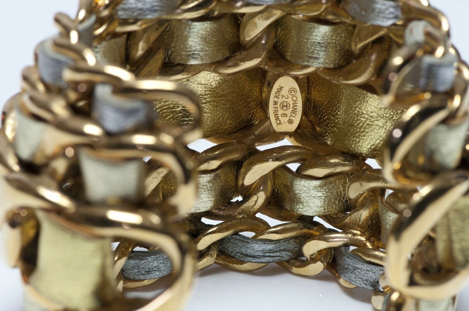 CHANEL 1990’s Wide 5 Row Gold Silver Leather Cuff Bracelet