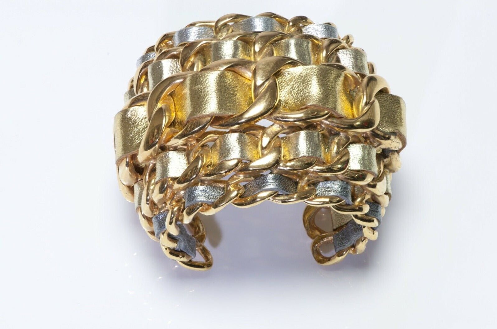 CHANEL 1990’s Wide 5 Row Gold Silver Leather Cuff Bracelet