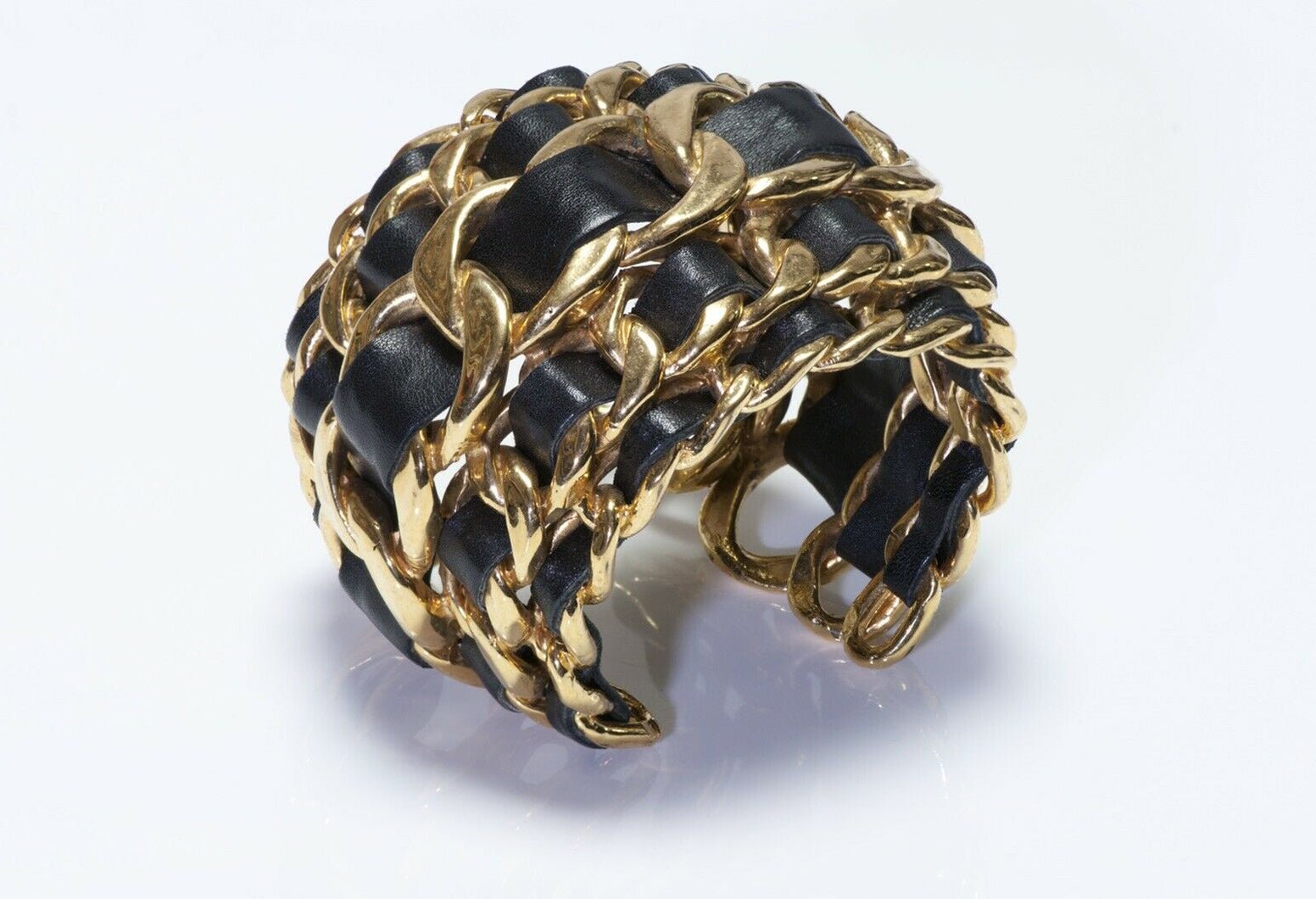 CHANEL 1990’s Wide Gold Plated 5 Row Chain Black Leather Cuff Bracelet - DSF Antique Jewelry