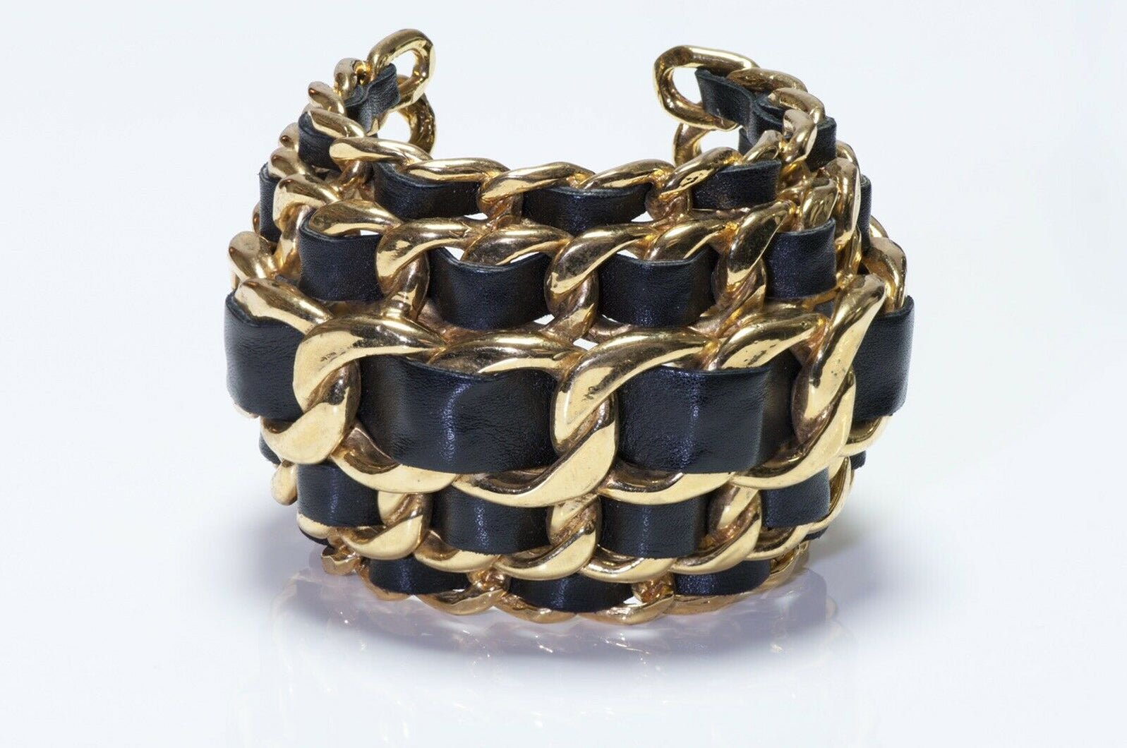 CHANEL 1990’s Wide Gold Plated 5 Row Chain Black Leather Cuff Bracelet