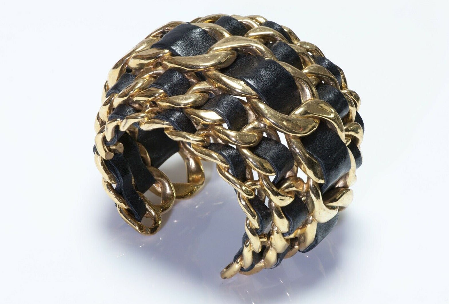CHANEL 1990’s Wide Gold Plated 5 Row Chain Black Leather Cuff Bracelet