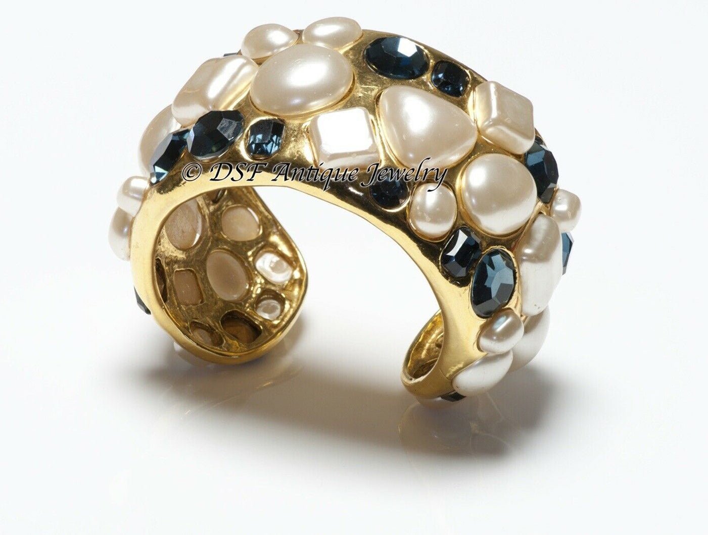 CHANEL 1990’s Wide Gold Plated Blue Crystal Pearl Cuff Bracelet - DSF Antique Jewelry