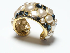 CHANEL 1990’s Wide Gold Plated Blue Crystal Pearl Cuff Bracelet