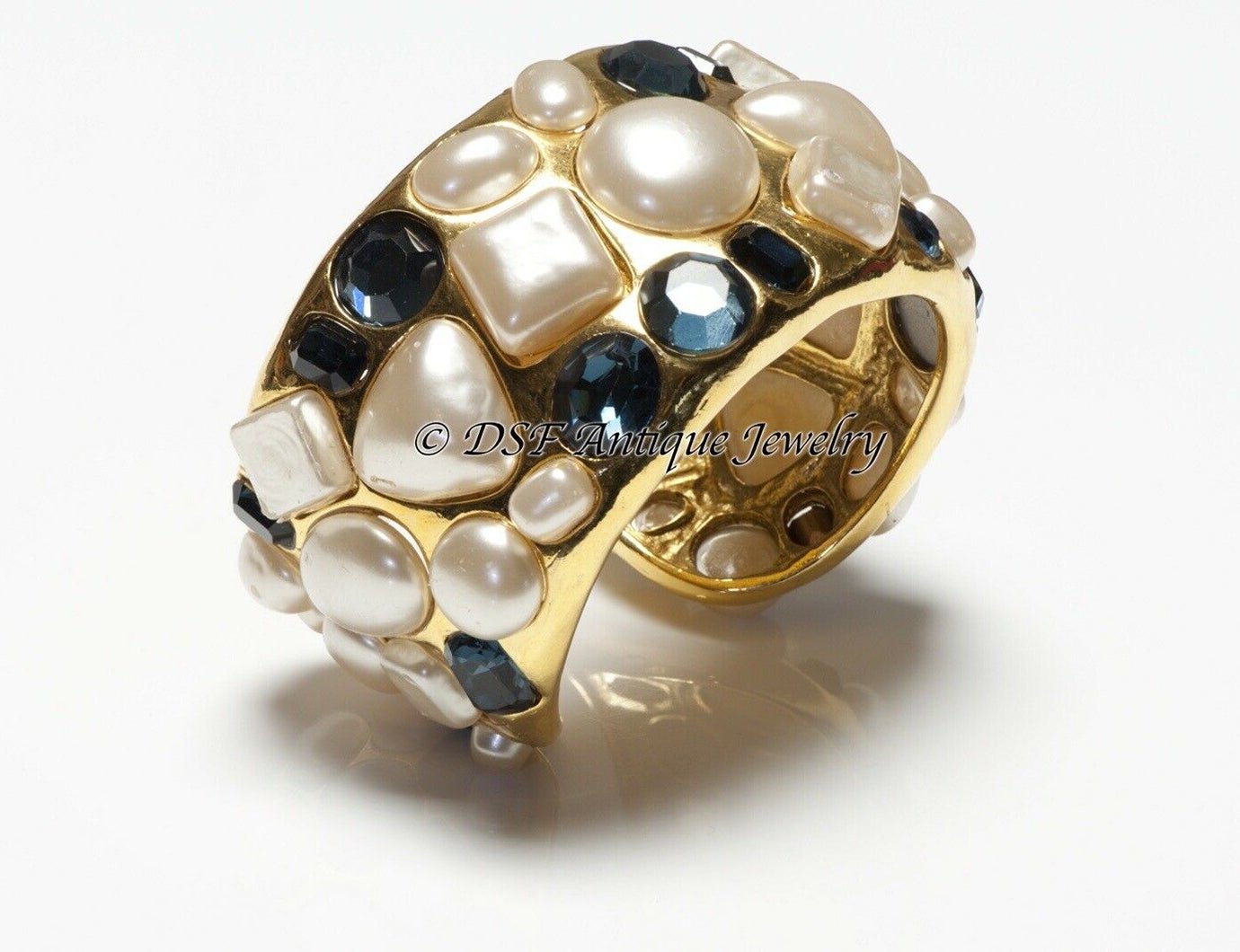 CHANEL 1990’s Wide Gold Plated Blue Crystal Pearl Cuff Bracelet