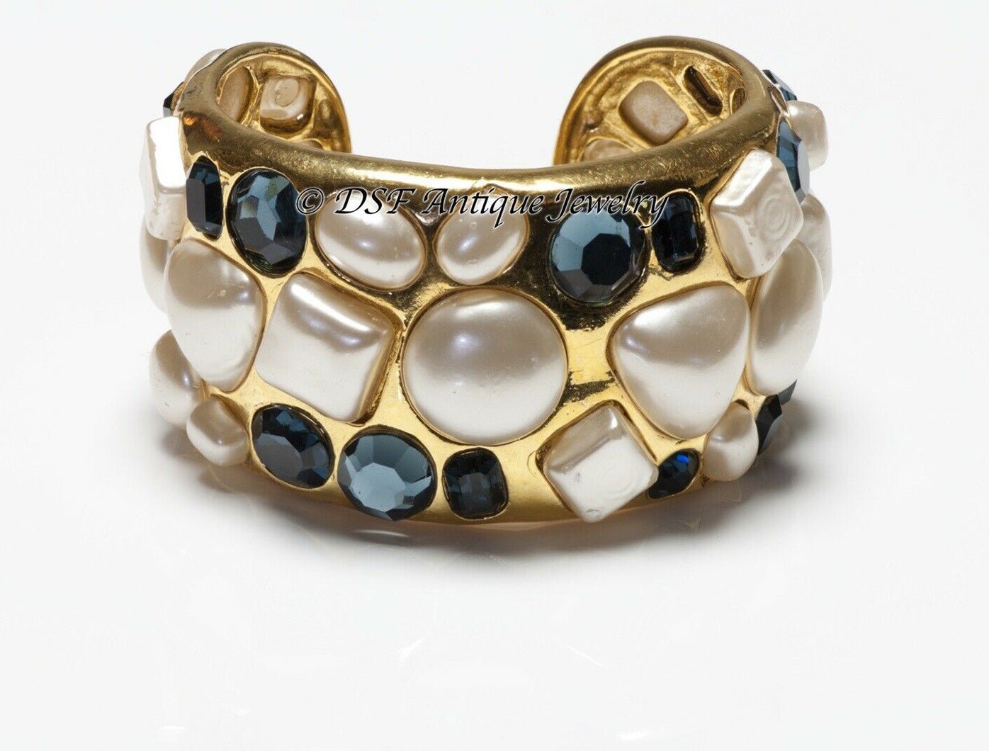 CHANEL 1990’s Wide Gold Plated Blue Crystal Pearl Cuff Bracelet - DSF Antique Jewelry