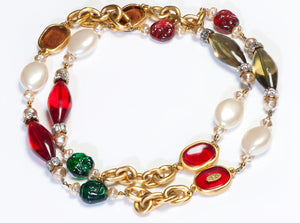 Chanel 1991 Maison Gripoix Glass Red Green Yellow Chain Sautoir Necklace