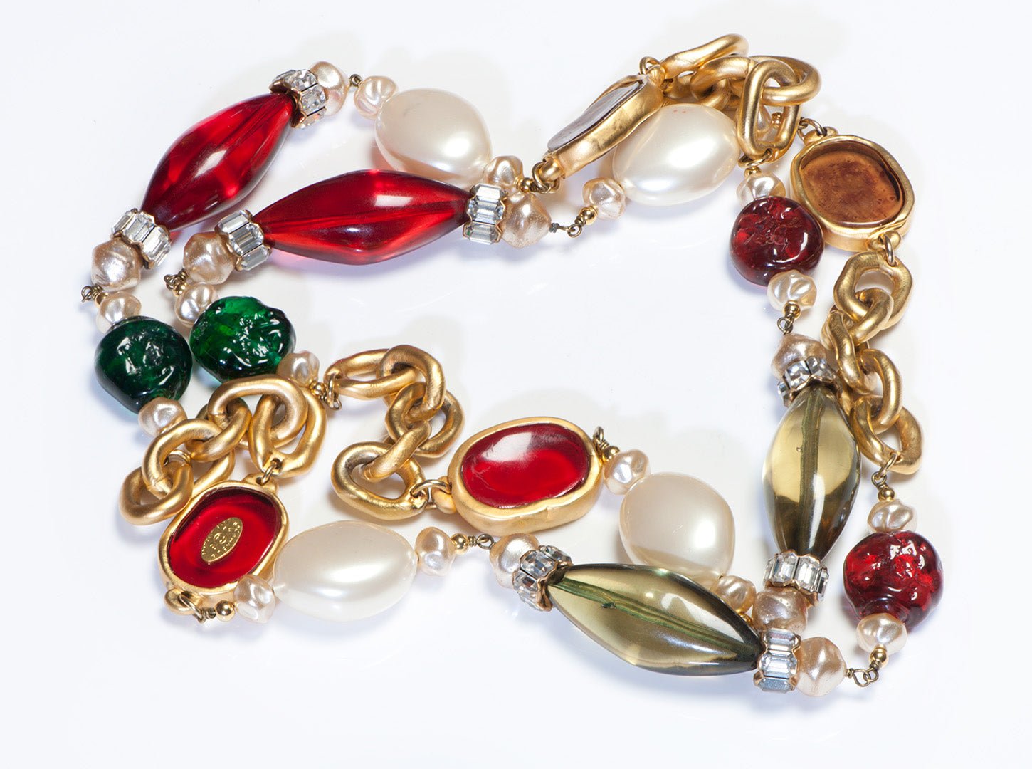 Chanel 1991 Maison Gripoix Glass Red Green Yellow Chain Sautoir Necklace
