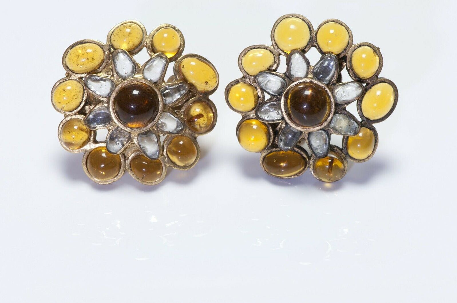 CHANEL 1994 Maison Gripoix Yellow Glass Camellia Flower Earrings