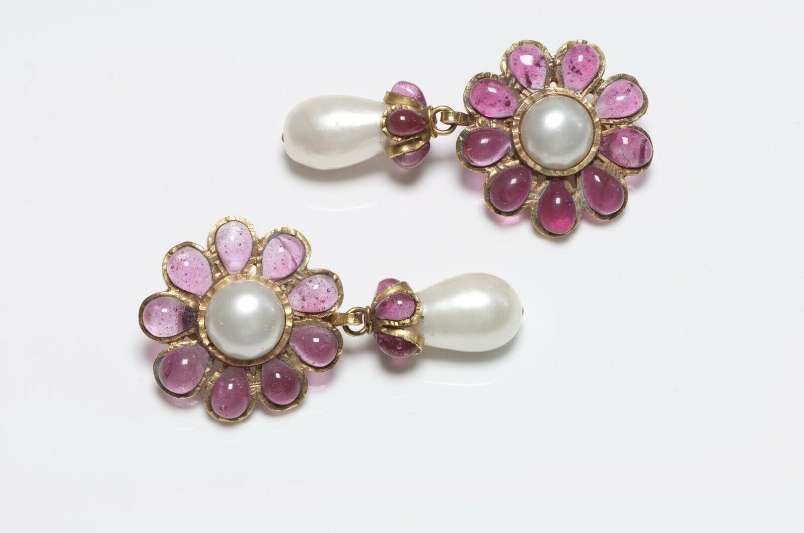 CHANEL 1995 Gripoix Camellia Flower Glass Pearl Earrings - DSF Antique Jewelry