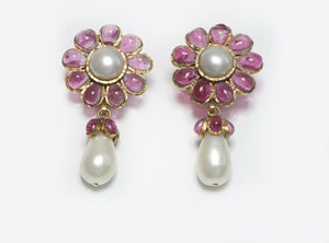 CHANEL 1995 Gripoix Camellia Flower Glass Pearl Earrings