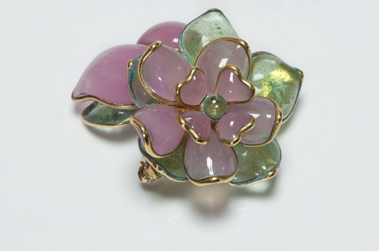 CHANEL 1996 Gripoix Camellia Flower Green Pink Glass Pendant Brooch - DSF Antique Jewelry