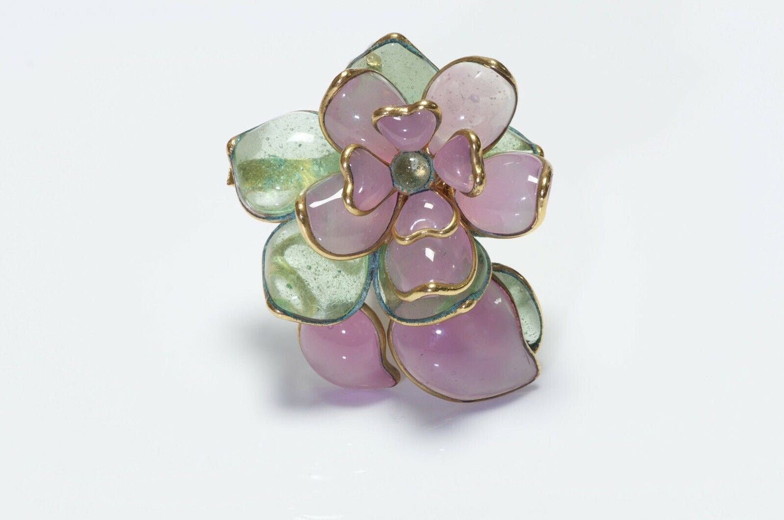 CHANEL 1996 Gripoix Camellia Flower Green Pink Glass Pendant Brooch
