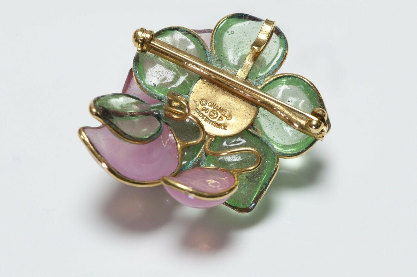 CHANEL 1996 Gripoix Camellia Flower Green Pink Glass Pendant Brooch