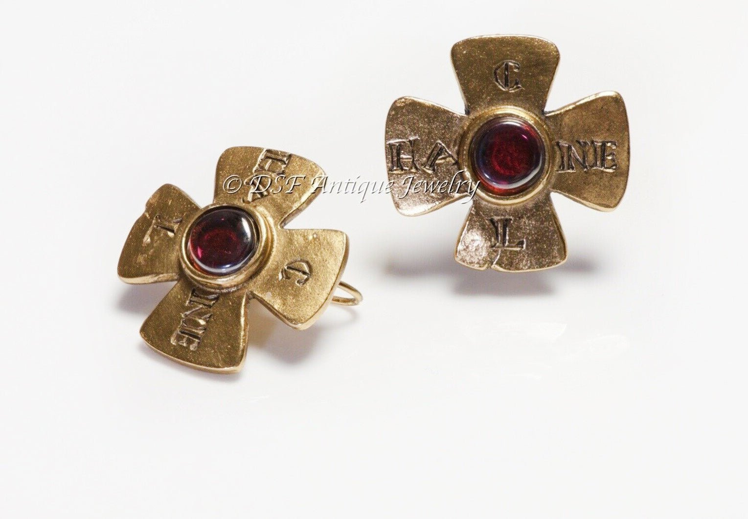 CHANEL 1999 Maison Gripoix Red Glass Maltese Cross Earrings