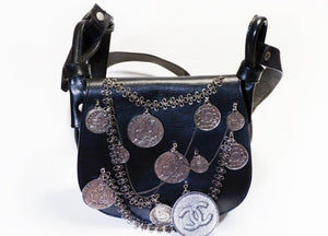 CHANEL 2003 CC Black Leather Medallion Coin Saddle Crossbody Bag