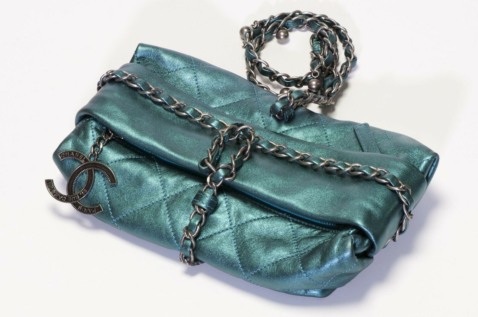 CHANEL Baluchon 2012 Turquoise Green Quilted Leather CC Wrap Chain Bag