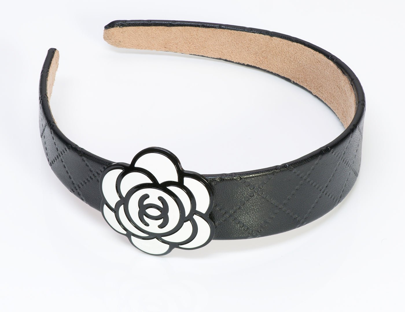 Chanel Black Quilted Leather Camellia Headband