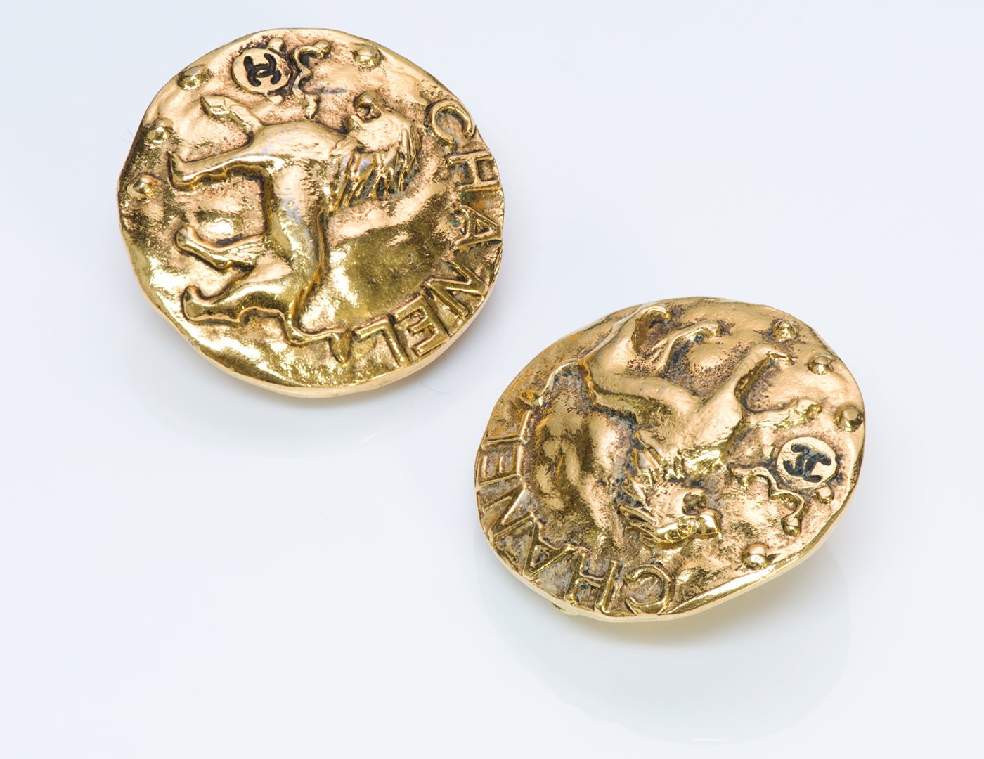 Chanel CC 1980's Gold Plated Lion Coin Earrings