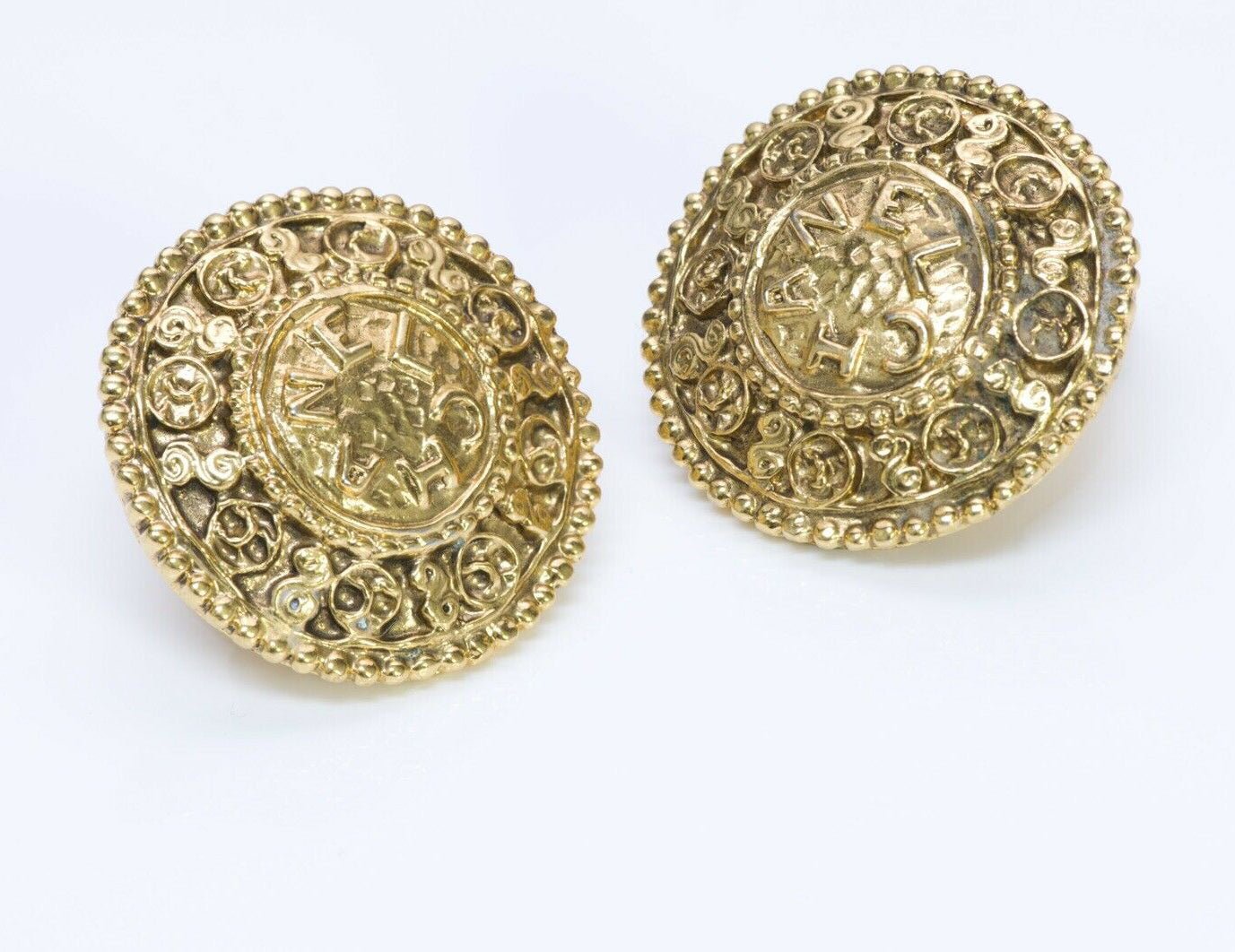 CHANEL CC 1980’s Gold Plated Round Coin Earrings