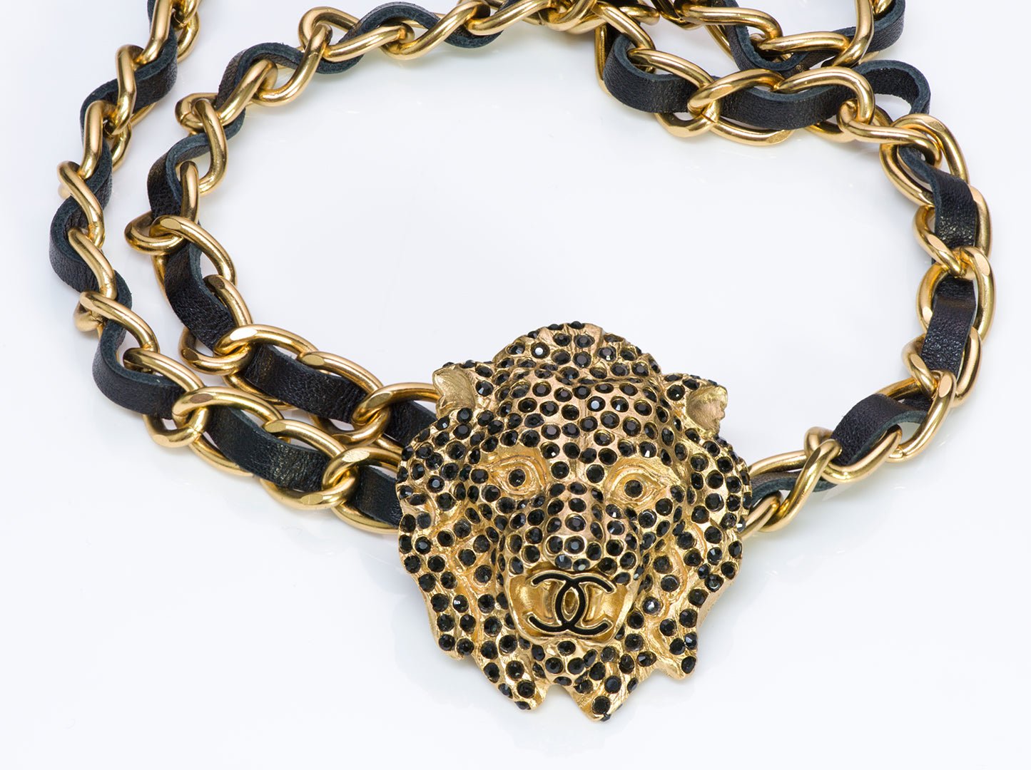 Chanel CC 2001 Black Crystal Lion Leather Chain Belt