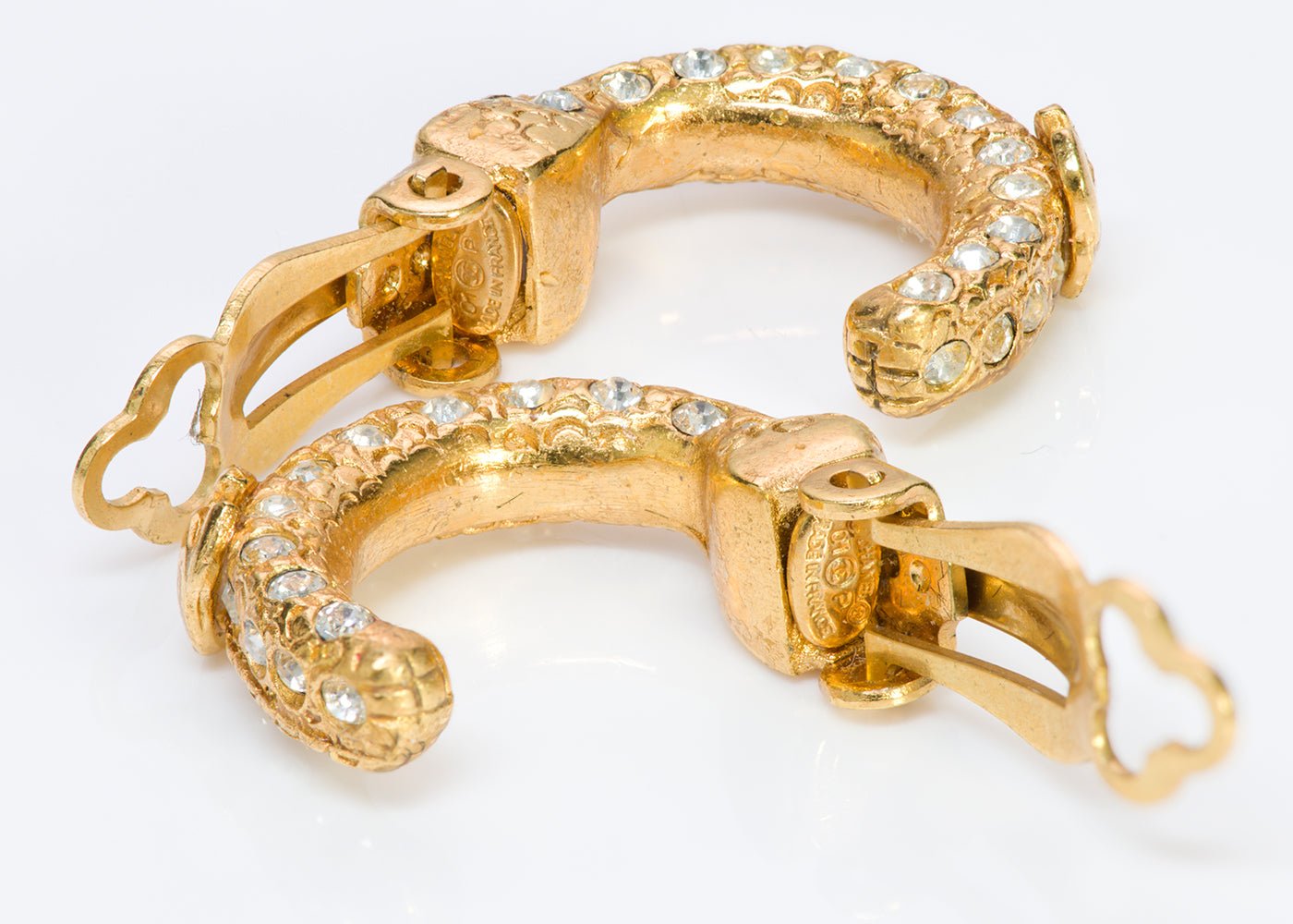 Chanel CC 2001 Gold Tone Crystal Hoop Earrings