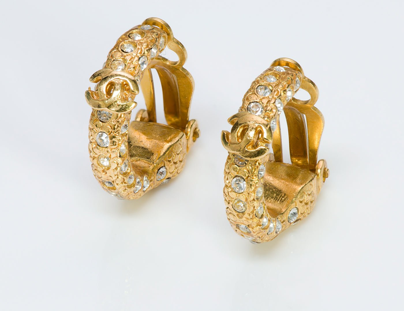 Chanel CC 2001 Gold Tone Crystal Hoop Earrings