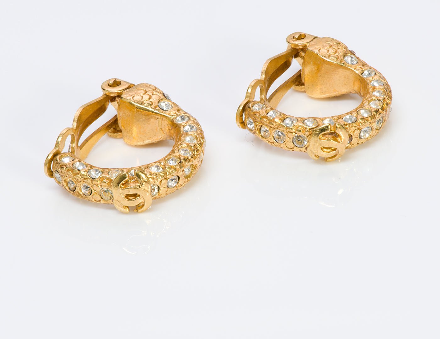 Chanel CC 2001 Gold Tone Crystal Hoop Earrings - DSF Antique Jewelry