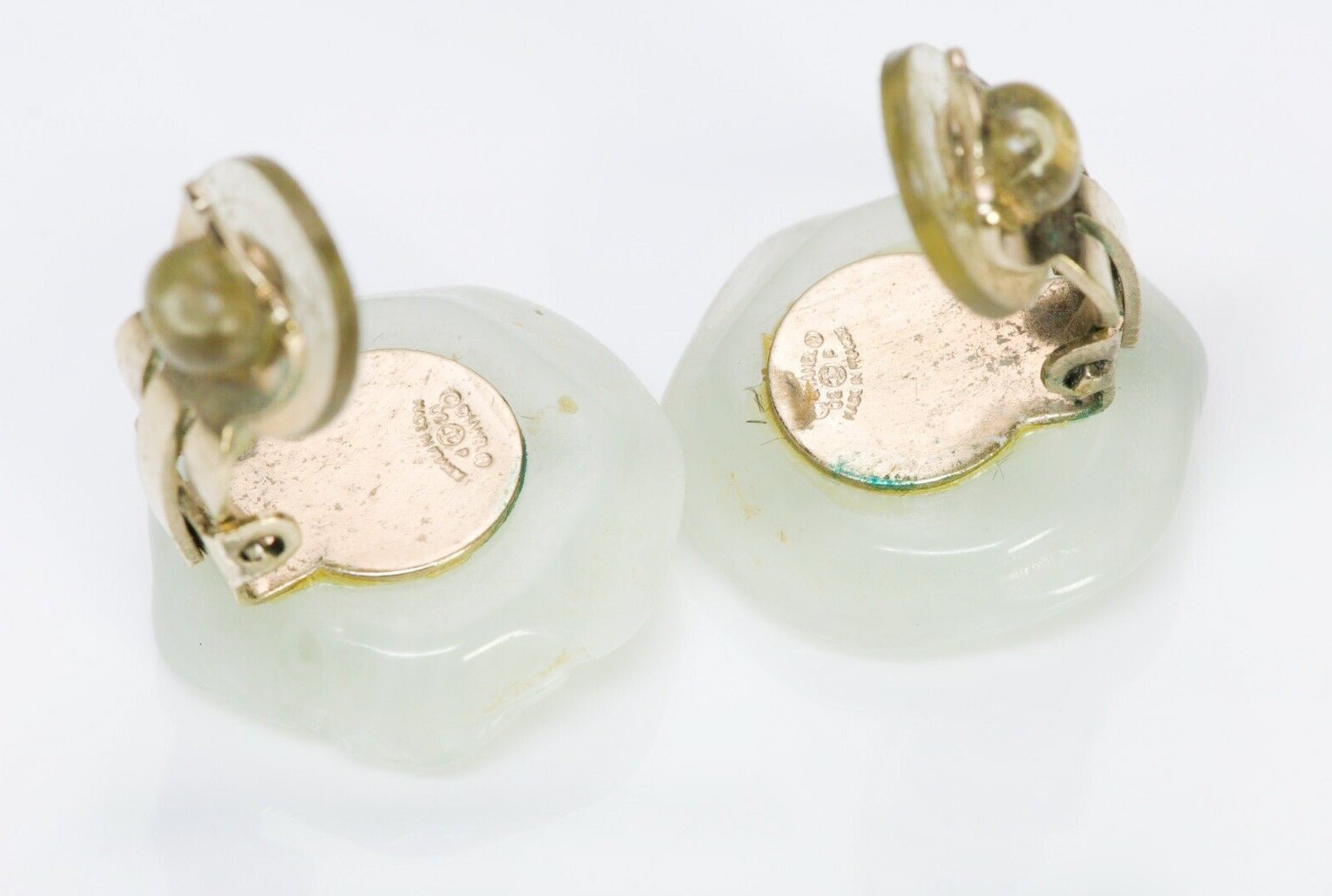 CHANEL CC 2002 Green Resin Camellia Flower Earrings