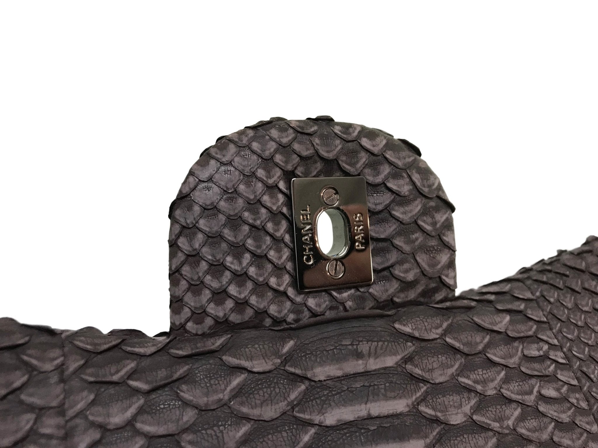 Chanel CC Double Flap Gray Snakeskin Maxi Bag