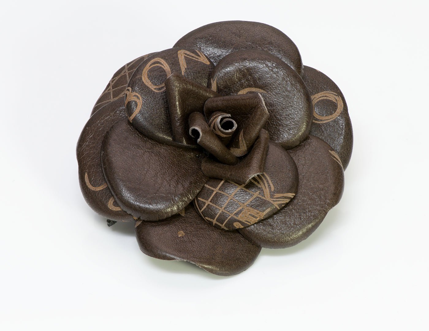 Chanel CC Graffiti Brown Leather Camellia Flower Brooch